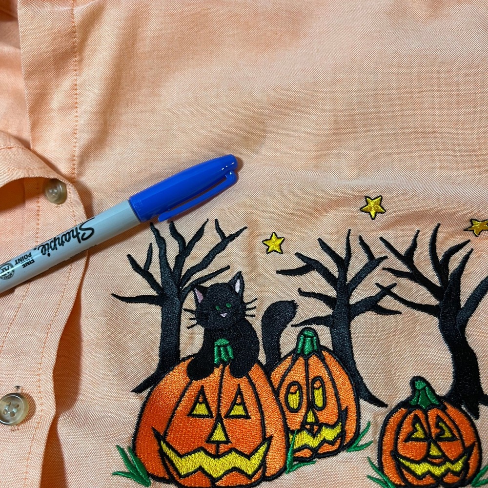 Vintage Halloween Embroidered Button Up Black Cat Pumpkin Moon Spooky Sz Medium - Picture 5 of 11